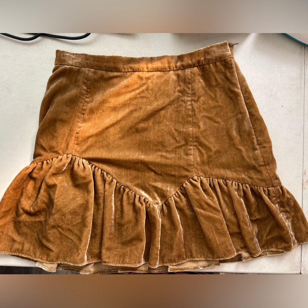 LoveShackFancy Velvet Ruffle Mini Skirt in Caramel Brown
